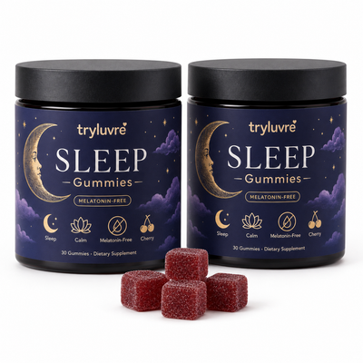 Two jars of tryluvre Melatonin-Free Sleep Gummies with cherry gummies