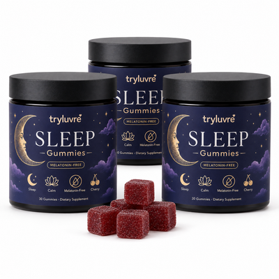 Three jars of tryluvre Melatonin-Free Sleep Gummies with cherry gummies